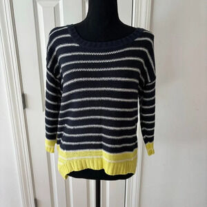 Nautical Scoop Neck Navy Blue & Yellow 3/4 Sleeve Striped Sweater - Sz L